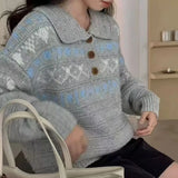 Woman Fair Isle Sweater Polo Collar Button Front Cozy Knit Pullvers Jumper Female Autumn Winter Preppy Vintage Outfit