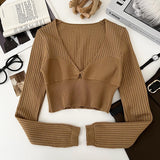 Rib Knit Crop Top with Keyhole Criss-Cross Front Long Sleeve V-Neck Short Sweater Pullovers Women Teen-girl Y2K 90s Outfit