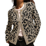 Pbong  Women Knitted Cardigan Autumn Long Sleeve Button Closure Casual Jacket Vintage Leopard Print Sweater Knitwear