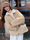 Women Faux Lamb Suede Jacket Winter Warm Long Sleeve Sweet Cotton Coat Korean Pockets Female Thick Vintage Outwear Tops