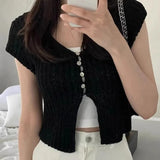 Pbong  Korean  Cropped Cardigan Women Clothing Short Sleeve V-neck Solid Top Fashion Single Breasted Split Knitting Sweater
