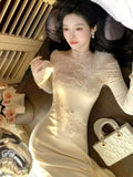 Autumn New Elegant Midi Dresses For Women Lace Patchwork Flare Sleeve A-line Dress Birthday Party Dance Wedding Vestidos Mujer