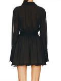 Pbong  Women Elegant Shirt Dress Mesh Sheer Long Sleeve Turn-Down Collar Pleated A-line Mini Dress Autumn Vintage Sexy Clothes