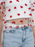 New Heart Print Mesh Splicing Color T-shirt For Women Y2k Cotton Short Sleeve Tee Top Rpund Neck Fashion Tshirt 2025 Summer