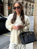 Chic O-neck Mohair Thick Knitted Sweater Women Casual White Loose Cashmere Pullover Lady Autumn Classic Daily Knitwear New