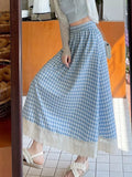 Pbong  Sweet Plaid Long Skirts Women Preppy Style Loose Elegant A Line Skirt Vintage High Waist Lace Patchwork Cute Female Skirts