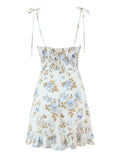 Pbong  Chic Music Festivals Floral Tie Strap Mini Dress for Women Square Collar Slimming Ruffled Hem for Casual Outings