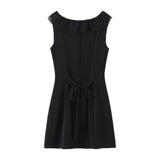 Pbong  Sexy Black Spliced Lace Ruffles O neck Sleeveless Dress Women Tie Bow Sashes Back Single-breasted Buttons Tank Dresses Vestidos