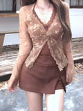 Pbong  Autumn Fashion Sweet Women Slim Fit Printing Cardigan + Lace Top + High Waist Skirt Korean Trend Elegant Chic Outfit