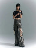 Fashion American Vinateg Hole Cross Lace Up Design Denim Pants Y2ka Esthetic High Street Baggy Wide Leg Trousers Punk Bottoms