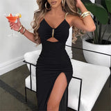Fashionable Women's Sleeveless V-Neck Dress Hollow out Belted mid Waist Cleanfit Style Polyester Cotton Blend Skirt Dress