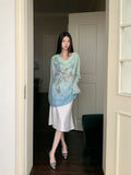 Gradient Fall 2025 Fashion Woman Oversize Graphic T Shirts Long Sleeve Top Cowls Blue Tee Autumn Streetwear Clothing