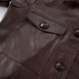 Pbong  New Autumn Fashion PU Leather Jacket Women's Lapel Single-Breasted Stitching Brown Coat Cool Style Commuter Clothing