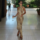 Fashion Halter Leopard Sexy Backless Maxi Dress Women Club Outfits Bandage Embellished Long Dresses Robe Clothes