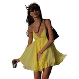 Temperament Backless Patchwork Dress Women Sexy Cross Lace-Up Sleeveless Deep V-Neck Solid Midnight Club Mini Bodycon