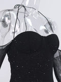 Pbong  Off Shoulder Full Sleeves Sparkly Dress Sexy Halter Mini Dresses For Women Party Night Blackless Slim Fit Vestidos Mujer