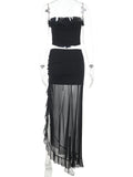 Women's Ruffled Strapless Top Skirt Suit Sexy Sleeveless Vest Mesh Splice Long Skirt Irregular Lady See Through Dress Set