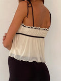 Retro Women Ruffles Patchwork Camis Sleeveless Tie-up Strap Tank Tops Bow Ruched Summer Mini Vest Party Clubwear