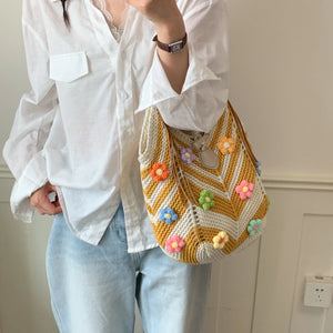Vintag Crochet Bag for Women Multicolor 3D Flower Handmade Woven Shoulder Tote Bags Summer New Trend Fashion Handbags