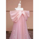 High End Morning Gown, Women's Pink Bow, Bride's Wedding Dress, One Shoulder Birthday Party Dress, Strapless