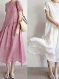Pbong  Summer New Women's Short Sleeve Linen Dress Comfortable Casual Cotton Linen Midi Skirt Commute Artistic Style Loose Waist
