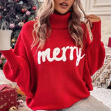 Pbong  Christmas Fashion Autumn Winter Knit Sweaters Turtleneck Sweater Women Elegant Merry Letter Print Long Sleeve Pullovers Female