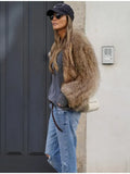 Women Fashion Thicken Short Faux Fur Jacket Chic V Neck Long Sleeved Plush Cardigan Coat Winter Elegant Female Warm Outerwear
