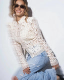 Tossy Summer Lace Printed Shirts Tops Female Hollow Out Fashion Commute Vintage See-Through Blouse Women's Lace Shrug Shirts New