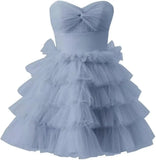 Pbong  Teen’s Short Tulle Homecoming Dress A Line Strapless Tiered Party Prom Dress Mini Cocktail Gowns for Women