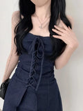 Pbong  Retro Design Chic Summer Short Denim Dress Women's Waist Cinching Strapless Dress Casual Style No Brand Registered Trademark