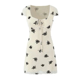 2025 New Summer Flocking Flower Sweet Chic Tight Dress Square Collar Retro Short Dress Double Layer Mesh Sweet Chic Women Dress