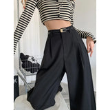 Fall Winter Elegant Gray Suits Pants for Women Office Lady High Waist Wide Leg Fashion Trousers with Pockets Black Pants