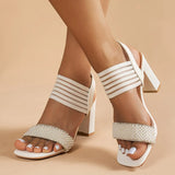 Pbong  Women's Fashion High Heels Sandals with Pearls Summer Square Toe Thick Heeled Dress Sandals Woman Elegant Banquet Party Shoes