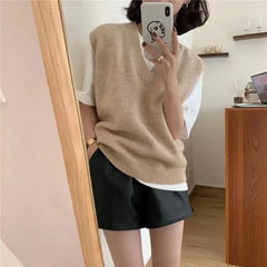 Spring Autumn Women Sweaters Vest Spring Autumn Fashion New Sleeveless V-neck Casual Young Style Pullover Solid Knitted Tops