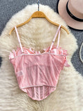 Pbong  Sexy ort Sexy Vest Women's Summer Faion Slimming Waist Belted Fibone Strapl Crop Top with 3D Flower Embroidery Breat...