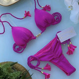 Women's Bikini New Special Fabric Solid Color Rope Swimsuit Multicolor