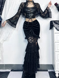 Gothic Folding Fishtail Multi-layer Splicing Split Skirt Woman Velvet High Waist Lace Patchwork Punk Mermaid Skirts