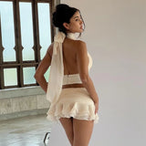 Deep V Sexy Backless Halter Top Flower Ruffled Skirt Suit Female Sleeelevess Summer New Club Party Two Pieces Set