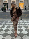 Leopard Print Skirt Suit Women's Sexy Strapless Vest Ribbon Mesh Spliced Long Skirt Fashion High Waist Two Piece Set