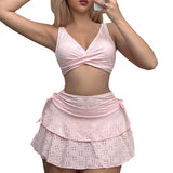 Pbong  Special Fabric Three-Piece Cross-Bikini Swimsuit with Sunshade Skirt Women's Swimwear Sexy Pure Color Polyester Swimwear