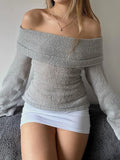 Women's Y2K Cute Off Shoulder Sweaters Chest Folding Slash Neck Flare Long Sleeve Slim Fit Knitted See-through Tops