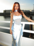 Ribbon Spaghetti Strap Dress For Women Mesh Splice Elegant Sexy Vacation Long Dress Backless Summer New Female Dress