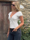 V Neck Short Sleeve T shirt For Women Lace Splice Puff Sleeve Top Slim Buttons Short T shirt Solid Sexy Hot Girl Tanks
