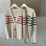Striped Knit Cardigan Sweater with Heart-shape Button Front V-Neck Sweater Jacket Female Autumn Winter French Chic Cute Outfit