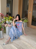 Romance Off The Shoulder Floral Sleeveless Mesh Top Gradient Blue Summer Tank Top Woman 2025 Korean Fashion