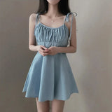 Summer Chic Vintage Slimming Pleated A-Line  Dress Women's Trendy Strapless Cotton High Waist Short Skirt Casual X-Shape