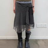 Vintage Plaid Mesh Skirts Women Japanese Asymmetrical Mid Skirt Y2k Harajuku Lace Up Short Skirts Aesthetics Elegant