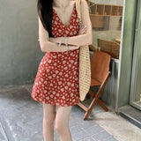 Pbong  Red Vintage Floral Print Halter Dress Women's Summer New Pure Desire V-neck A-line Skirt High Waist Cotton Polyester Dress