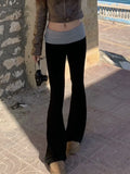 Pbong  Casual Yoga Pants Women ContrAst Wide Waistband Knitted Flare Leg Pants Pink Flared Leggings Sweat Black Pants Colorblock Ribbed