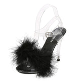 Feather Sandals Women Furry High Heels Ankle Plush Sandals Woman Transparent Heels With Fur Stripper Heeled Sandal Women Evening